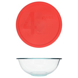 Pyrex (2) 326 4qt Glass Mixing Bowls and (2) 326-PC 4qt Red Mixing Bowl Lids