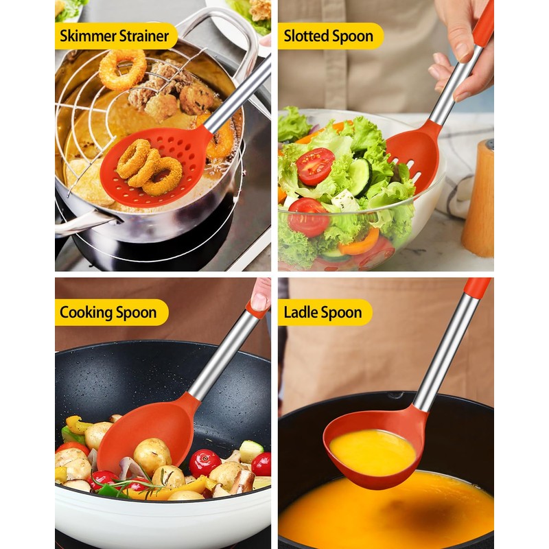 Silicone Cooking Utensil Set, 8Pcs Non-stick Cookware with Stainless Steel