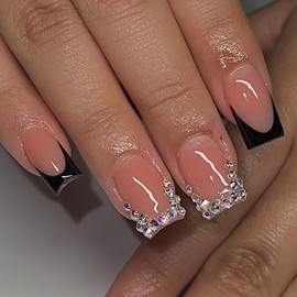 24Pcs Black French Tip Press on Nails Short Square Fake Nails with Silver Rhinestones Nail Tips Design Nude False Nails Full Cover Artificial Glue on Nails Reusable Stick on Nail for Women DIY Salon
