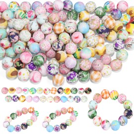 150 Pcs Flowers Print Silicone Beads Bulk, Colored Flower Round Silicone Beads Keychain Making Kit Decorative Small Rubber Balls for DIY Bracelet Pens Necklace Jewelry Decoration Supplies