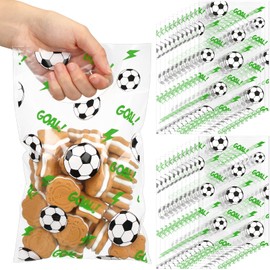 Cholemy 100 Pcs Soccer Goodie Bags with Handles Clear Soccer Party Favors Gift Bags Plastic Sport Candy Treat Bags for Team Snacks Football Birthday Party Supplies for Game Girls Boys, 6.3 x 9.8 Inch