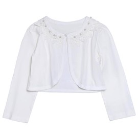 IYOU White Cardigan for Girls Flower Long Sleeve Shrug Pullover Kids Lace Floral Bolero for Wedding Party First Communion 150, White