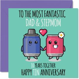 Cute Tin Anniversary Card for Dad & Step Mom - 10 Years Together - Happy 10th Wedding Anniversary Cards for Step Mom Dad, 5.7 x 5.7 Inch Greeting Cards for Tenth Anniversaries