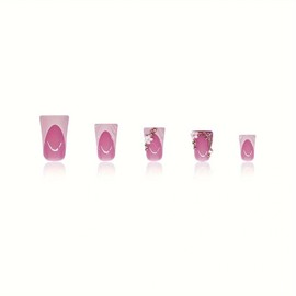 Duck Press on Nails Medium Duck Nails Press on Cute White Flower Fake Nails with Rhinestone Designs French Tip False Nails 3D Stripe Full Cover Stick on Manicure Kit for Women 24Pcs