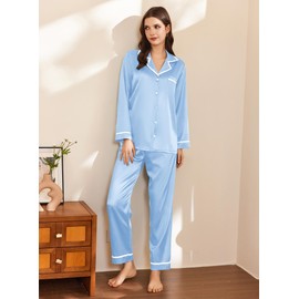 Ekouaer Satin Pajamas for Women Set 2 Piece Long Sleeve Button Up Sleepwear Silky PJ Pants Sets Soft Comfy Loungewear Light Blue M
