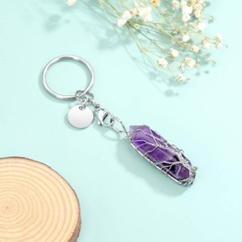 JSDDE Amethyst Healing Crystal Stone Keyring Silver Life Tree Wire Wrapped Hexagonal Crystal Points Pendant Keychain