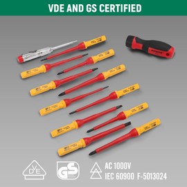 Hoteche VDE Screwdriver Set 13 Pieces - Insulated Screwdrivers for Electricians - SL, PH, PZ, T - 1 Piece VDE Electrical Tester - Red/Black Plastic Box