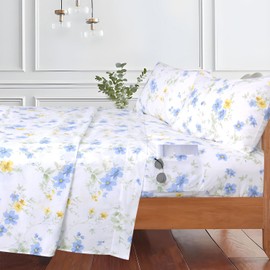 YINFUNG Floral Sheet Set King Cotton Blue Yellow Flower White Deep Pockets 16" Fitted Sheets with Side Pockets 4 Pieces Percale Botanical Pattern Printing French Country Oeko-Tex for Girls