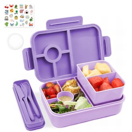 Bugucat Children's Lunch Box with Compartments, 1300 ml, 3 Pieces, Lunch Box Leak-Proof with 4 Compartments, Bento Box for Adults, Breakfast Box, Lunch Box for Boys and Girls, Purple