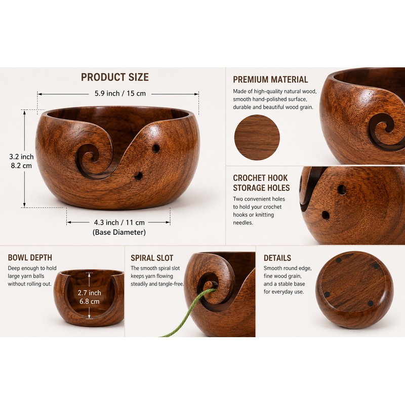 Wooden Yarn Bowl for Crocheting – Tangle-Free Knitting Organizer for