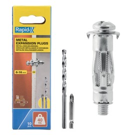 Rapid Cavity Dowel Metal with Screw for Single-Layer Plasterboard and Plasterboard (6-16 mm), Load Capacity 40 kg, Pack of 10 Metal Cavity Dowels, Set with Drill and PH2 Screw Bit