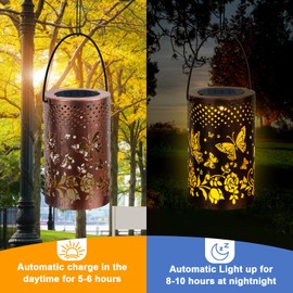 Qoosea Solar Lanterns Outdoor Waterproof Hanging Solar Lights Butterfly Hollowed-Out Metal Garden Decor for Yard Patio Lawn Pathway