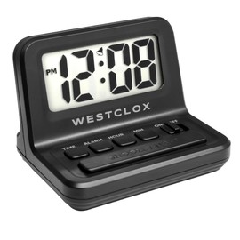 Westclox LCD Digital Bedside Alarm Clock with White Backlit Display and Snooze Function, Battery Operated, (Black, 3-Inch)