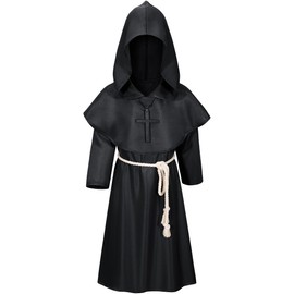 Kids Medieval Renaissance Monk Costume Priest Friar Wizard Cloak Hooded Robe Cosplay Costume Belt Necklace Set(BK 150)
