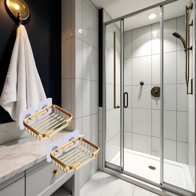 2Pcs Gold Soap Dish for Shower Creative Hanging Drain Rack,