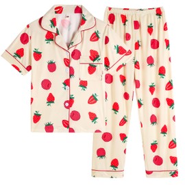 Vopmocld Girls 2PCS Pajama Sets Button Down Short Sleeve Long Pants Sleepwear Cute Patterns Lounge Outfit Sest for Teens Stretchy Jammies, Strawberry Raspberry, 8
