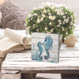 Knibeo Seahorse Decor Box Sign - Ocean Bathroom Decor, 5x5 Inch Watercolor Ocean Wooden Box Sign, Ocean Wall Decor, Seahorse Wall Decor, Coastal Decor for Home