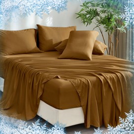 PHF Cooling Sheets Set King Size 6 Piece - 100% Rayon Derived from Bamboo - Wider Elastic Band & 16 Inch Deep Pockets - Luxury Soft and Breathable Bedding Sheets & Pillowcases, Brownish Camel