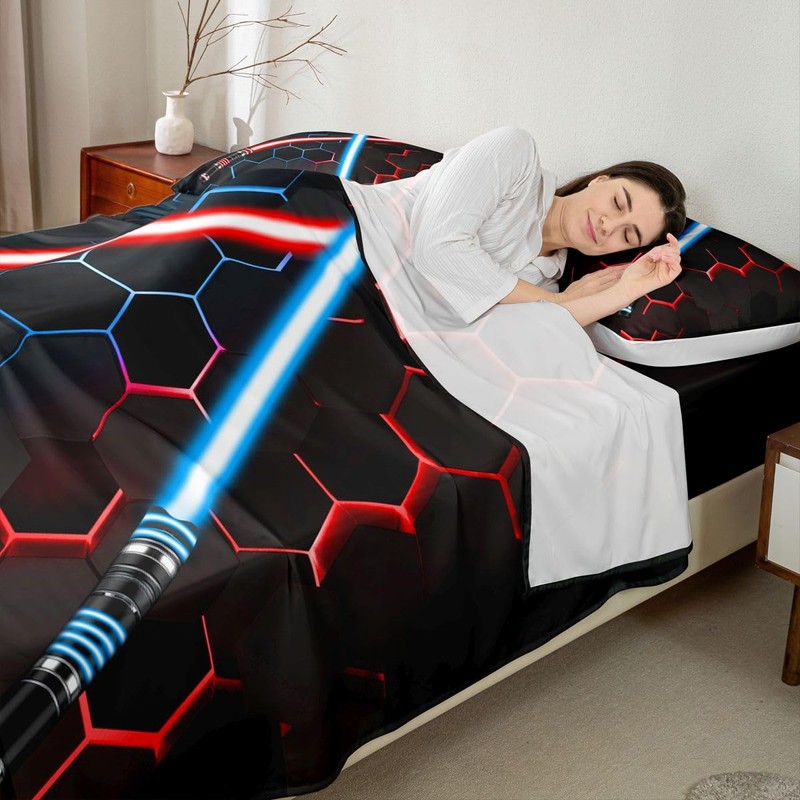 Neon Red Blue Light Up Sword Bed Sheets King Size