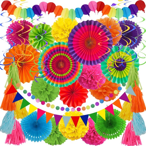 ZERODECO Party Decorations, 41 Pcs Multicoloured Papar Fans Pompoms Garlands
