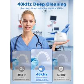 KUNPHY Ultrasonic Retainer Cleaner Machine, 48kHz Dental Cleaning Pod for Braces, Night Guard, Mouthguard, Toothbrush, Denture, Jewelry White