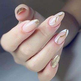 RUOKEXIN Almond Press on Nails French Tip Fake Nails Gold Glitter False Nails with Designs Medium Nail Press ons Sparkly Artificial Nails Cute Stick on Nails for Women 24Pcs
