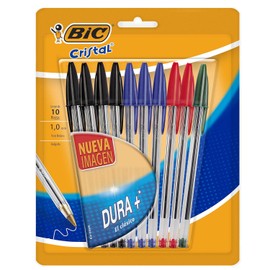BIC, Bolígrafo de Punto Mediano, Pluma Clásica, Cristal Dura +, Surtido de 4 Colores, 10 piezas