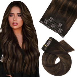 Moresoo Clip in Hair Extensions Real Human Hair Balayage Hair Extensions Clip in Darkest Brown with Medium Brown Human Hair 16 inch 5 Pcs/80G #2/6/2