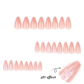 Press On Nails - Medium Length Almond False Nails, Shell French Design, Artificial Acrylic Nude Stick On Glossy Reusable Coffin Nails, Glue On Nails for Women
