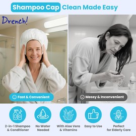 Drench! No Water Hair Washing Cap - Waterless Shower Caps with Shampoo and Conditioner - Disposable Rinse Free Wash Aids - Ideal for Elderly and Disabled - Pack of 12