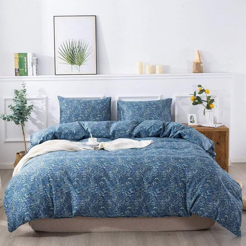 MKXI King Comforter Set Lightweight Bedding Set Blue Flowers and