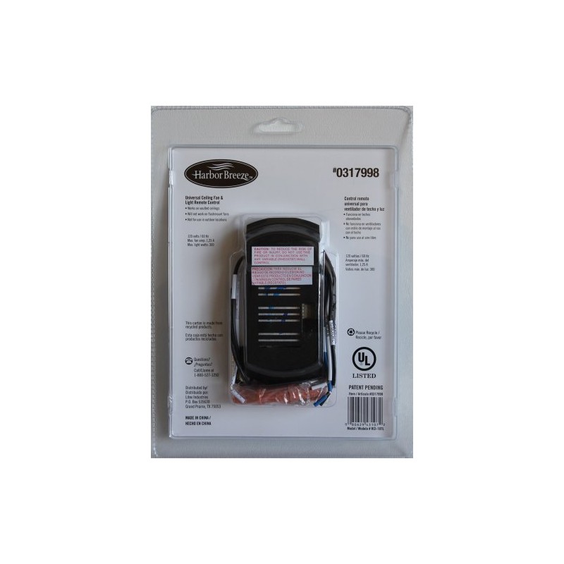 Harbor Breeze Universal Ceiling Fan & Light Remote Control +