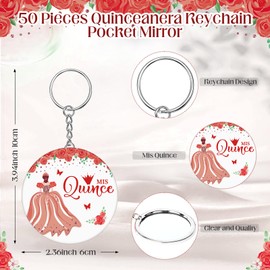 Wenqik 50 Sets Quinceanera Party Favors Keychain Pocket Mirror with Bags Recuerdos De 15 Años Quinceañeras Party gifts(Red)