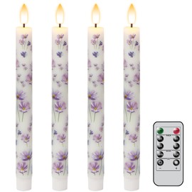 DRomance Flickering Flameless Taper Candles with Remote and Timer, 6 Pack Real Wax Battery Operated LED Taper Candles 3D Wick Purple Flower Decal Dinner Wedding Spring Home Decor(0.78" D x 9.64" H)