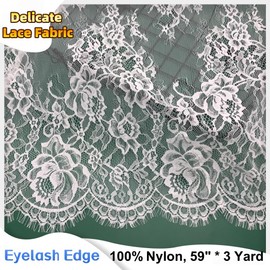 59" × 3 Yard Floral Pattern Lace Fabric with Eyelash Edge Embroidered French Lace Fabric for Home Decor, Garment Sewing, Tablecloth, Curtains (White, Floral-1)