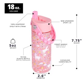 Elemental Water Bottles for Kids - Splash Kids Water Bottle for School with Pop-it Handle - BPA Free Tritan Plastic Water Bottle with Straw Leak Proof when Spout is Closed - Pink Unicorn - 18oz