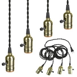 Vintage Plug-in Pendant Light Kit with 1-to-4 Hanging E26/E27 Sockets, Industrial Hanging Light with Individual Rotary Switches, Easy DIY Lighting for Living Room, Patio and Plant Corners, Bronze