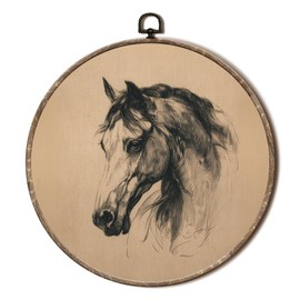 EGVQK Vintage Horse Round Wall Art, Retro Antique Horse Framed Canvas Prints Wall Art, Rustic Farmhouse Animal Round Canvas Hanging Walls Decor for Home Bedroom Living Room Decorations, 10x10in