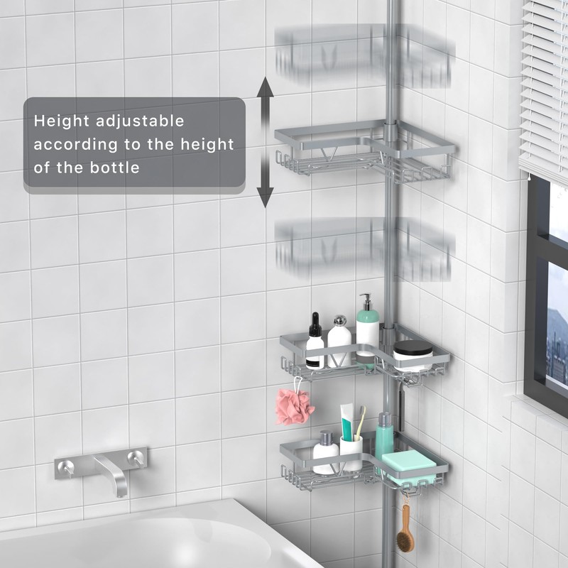 KEGII 4-Tier Corner Shower Caddy Tension Pole - Adjustable Shower