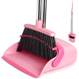 XXFLOWER Broom and Dustpan Set, Dustpans with Broom Combo for Home, Heavy Dust Broom and Dustpan Combo, Long Handle Dust Pan and Broom Set for Kitchen, Office, Pet Hair,Pink, Pack of 1