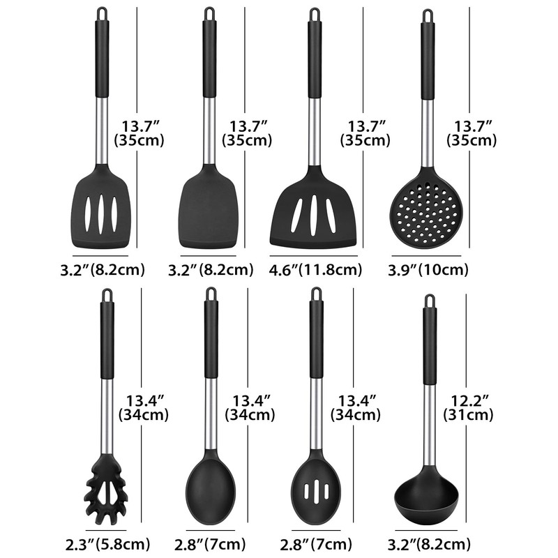 Silicone Cooking Utensil Set, 8Pcs Non-stick Cookware with Stainless Steel