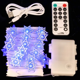 Star of David Fairy String Lights, 10 ft 30 LEDs, Battery USB Powered with Remote Control, Hexagram Magen Star for Jewish Judaism Hanukkah Chanukah Passover Shabbat Ornament Decor
