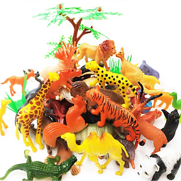 65 Pieces Animal Figures Toy Set - Plastic Educational Jungle Animal Toys for Boys Girls Kids Toddlers Farm Small Animals. Includes 44 Mini Animal Figures,16 Fences, 4 Grass and 1 Trees
