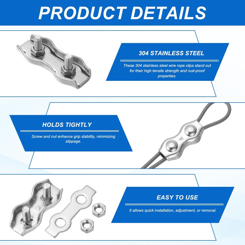 sourcing map M3 304 Stainless Steel Double Wire Rope Clips,