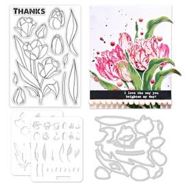 ORIGACH Realistic Tulips Stamps and Die and Layering Coloring Stencil Bundle for Card Making Album Arts Crafts Supplies