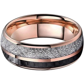 (8mm) Unisex, Women's OR Men's Tungsten Wedding Ring Band. Domed Rose Gold band with Duo Black Carbon Fiber and Inspired Meteorite Inlay. Comfort Fit. One Year Warranty Included. (12)