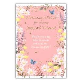 IC&G Special Friend Birthday Card - Happy Birthday Card with Sentimental Poem and Floral Butterfly Border Design with Foil Details - Birthday Card for Women