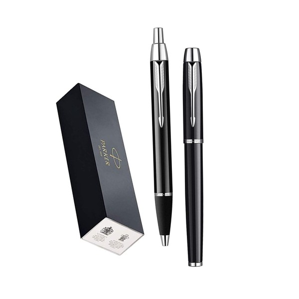 Luxury Gift Set Black with Chrome Trim Finish IM Ballpoint and IM Rollerball Medium Nib Black Ink Pens by Parker