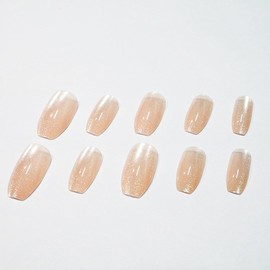 MNmagicnail-Glossy Press On Nails,Medium Coffin Short Cat Eye False Nails,Opaque "Champagne Glazed" Reusable false Nails, Acrylic Fake Nails with Gelly Glue in 6 Sizes-12 Nail Kit