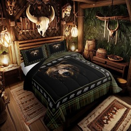 Brown Bear Head Comforter Set King Size 3 Pcs Rustic Farmhouse Vintage Grid Bedding Comforter for Kids Teens Adults Cute Watercolor Wild Jungle Animal Cabin Bedroom Quilt Set with 2 Pillowcases